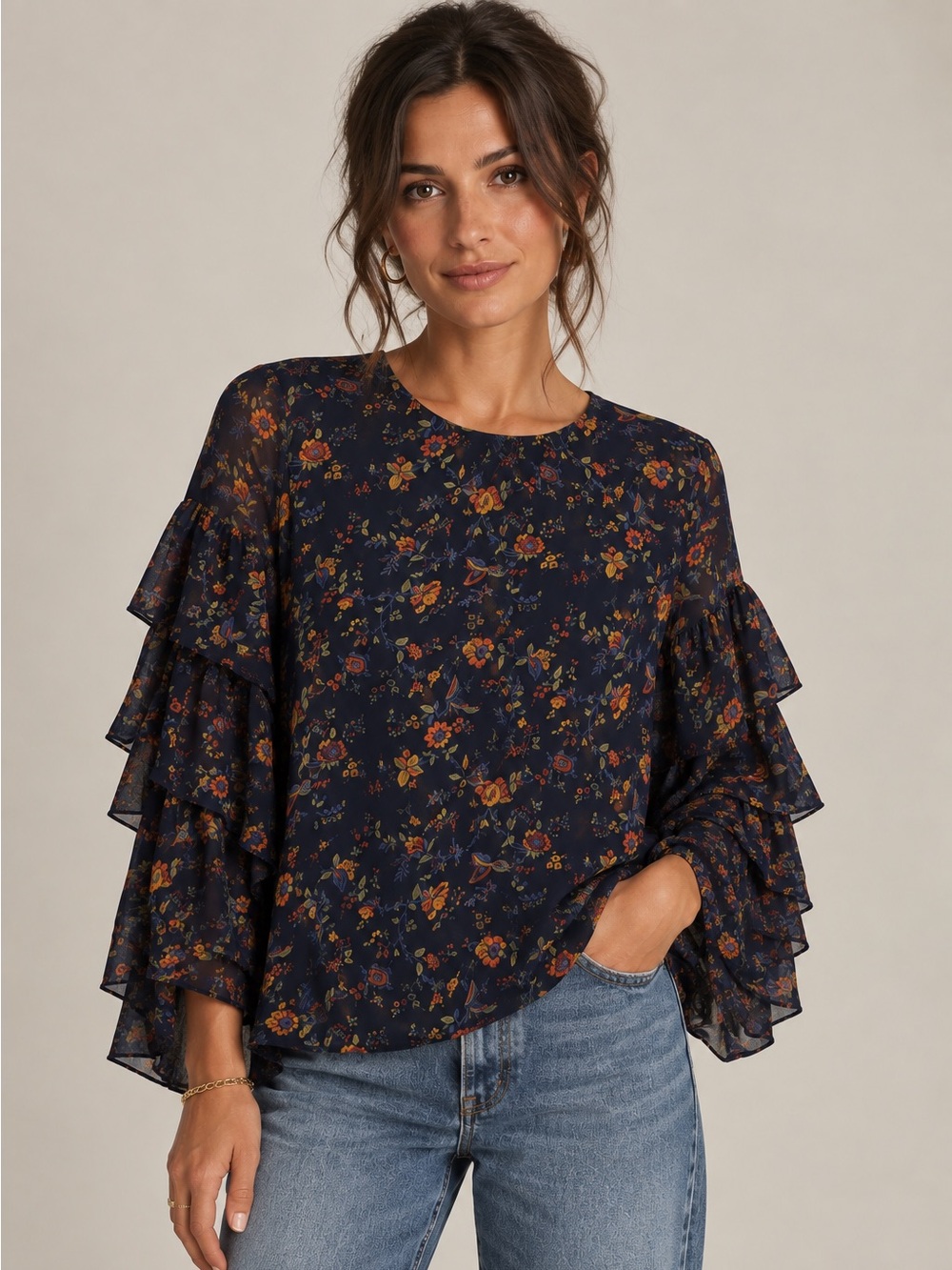 MADEWELL • ruffle tiered sleeve floral blouse in midnight blue